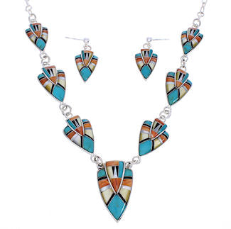 Sterling Silver Multicolor Inlay Link Necklace Set Jewelry PX36853
